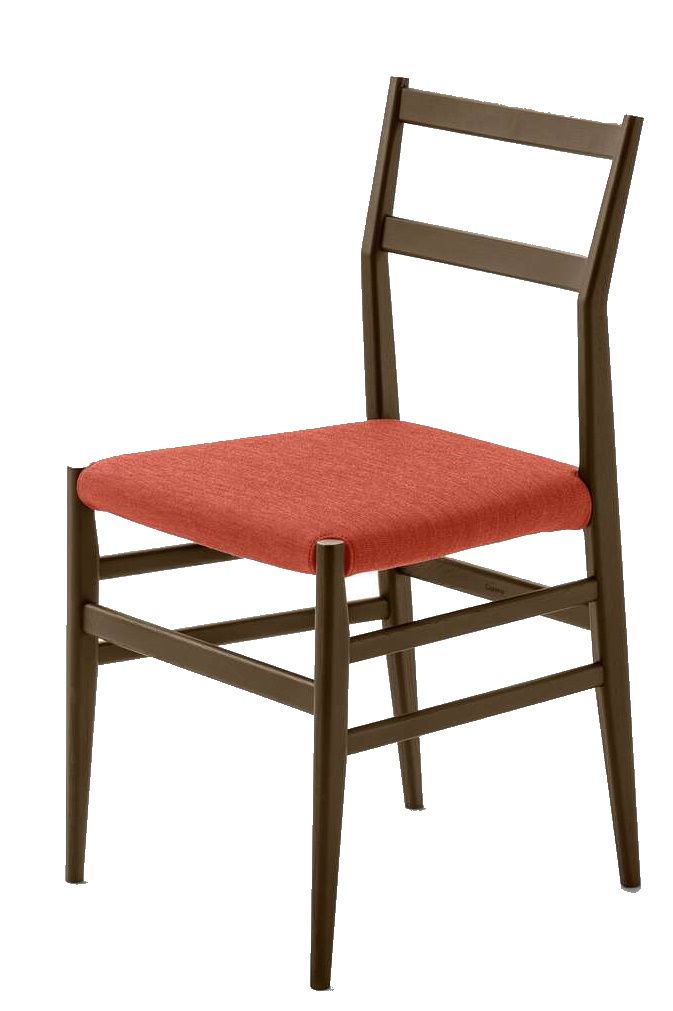 Cassina Leggera Stuhl 646: Holzstuhl mit roter Sitzfläche, Designklassiker für Esszimmer und Wohnbereich.